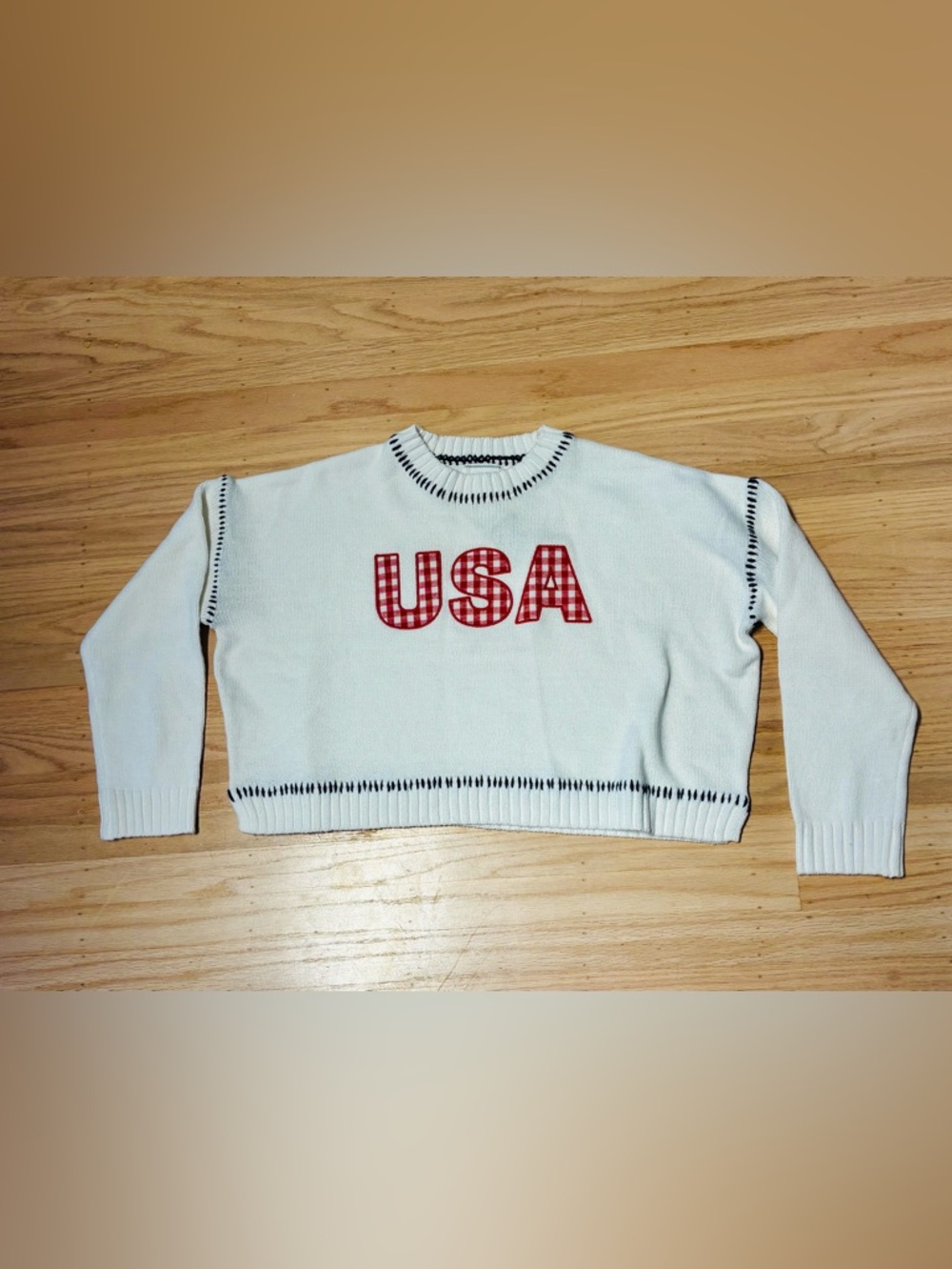 NWT SoHo & Stella Red, White & Blue USA Gingham Cropped Sweater - XS